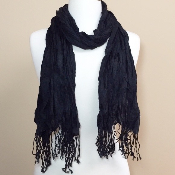 Black Crinkle Long Fringe Scarf - Picture 1 of 4